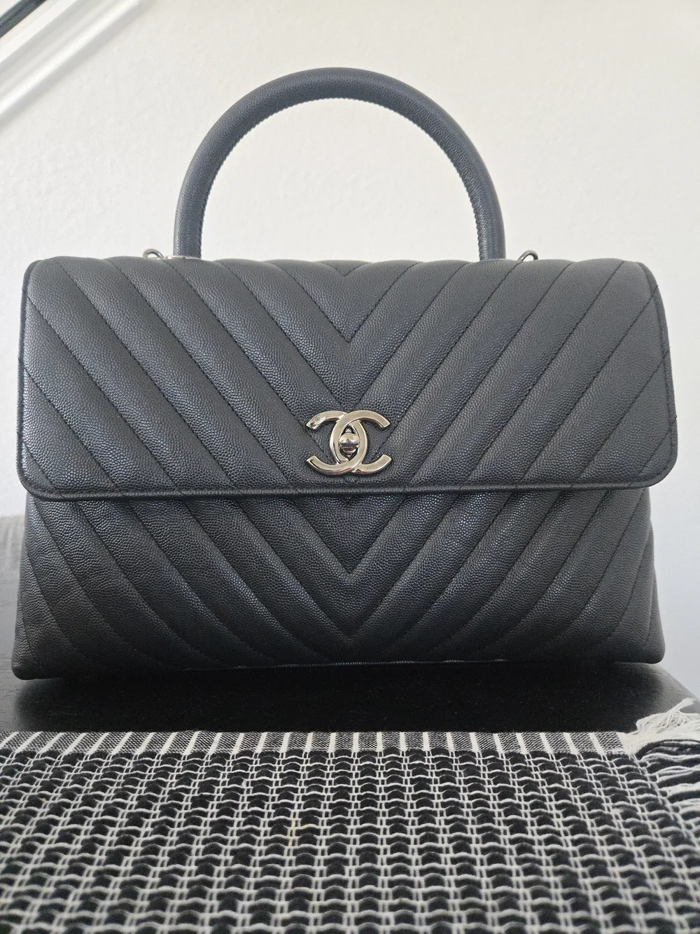 CHANEL Coco Handle Chevron Caviar Bag – Grayish Black